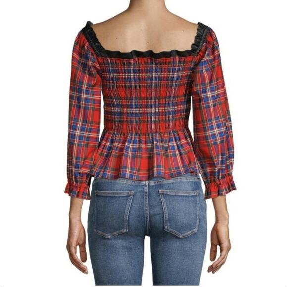 Tanya Taylor Red Plaid Smocked Peplum Cropped Blouse Leather Trim Size 2 - Picture 2 of 11